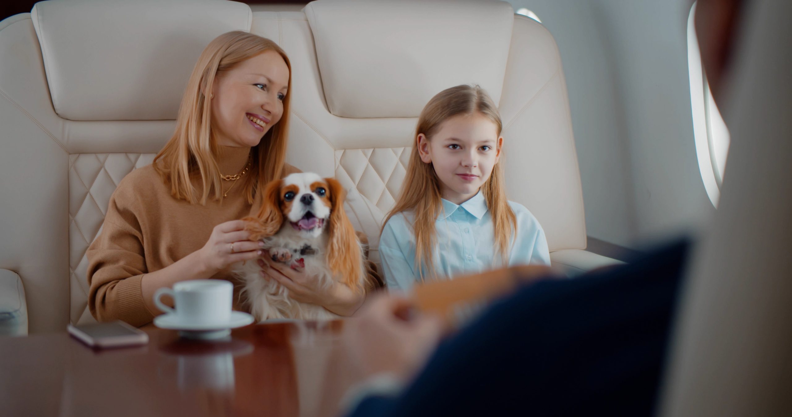 Wealthy family with dog travelling together by private business plane. Portrait of little daughter, mother, father and cocker spaniel flying in first class jet